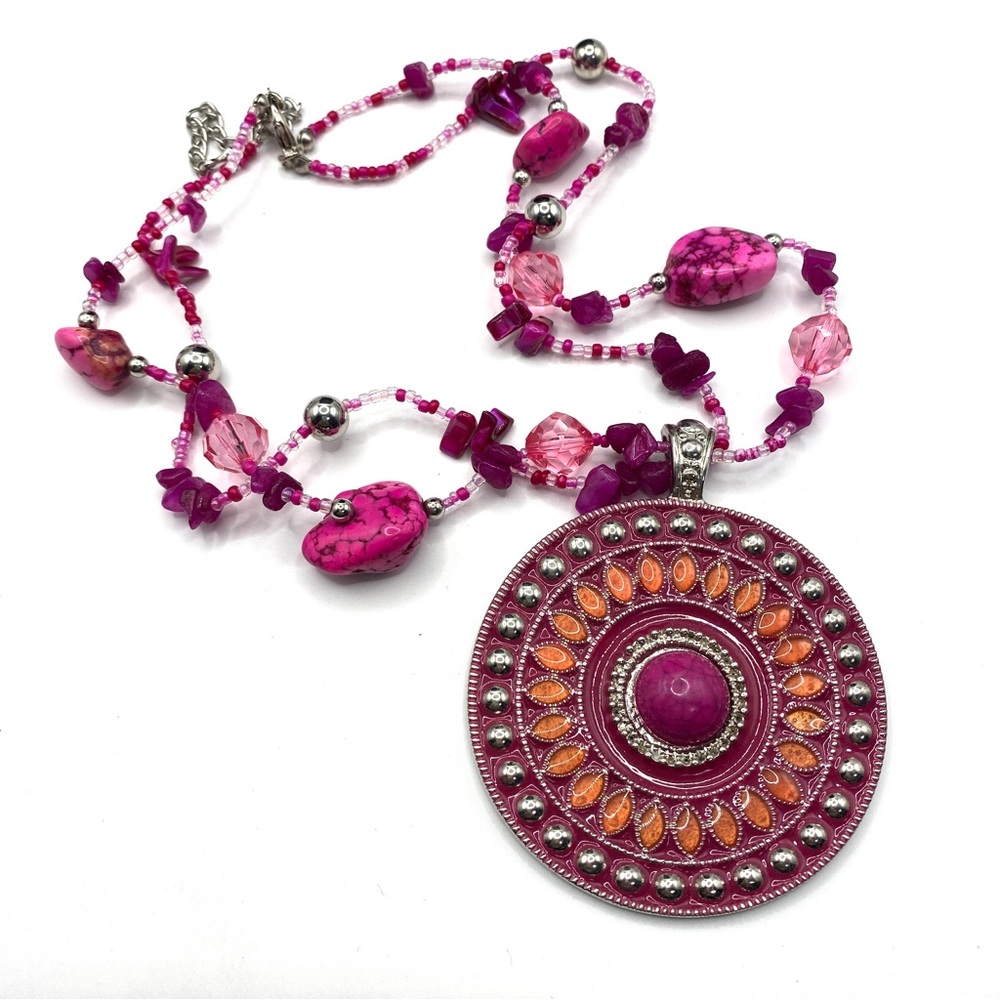Pink Beads & Medallion Fashion Necklace